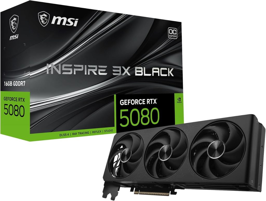 msi Gaming RTX 5080 16G Inspire 3X OC Black Graphics Card (16GB GDDR7, 256-bit, Extreme Clock 2655 MHz, DisplayPort x 3 2.1a, HDMI 2.1b, NVIDIA Blackwell
